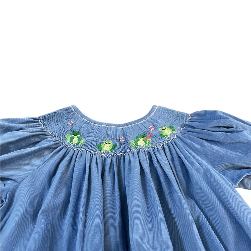 Anavini girls smocked frogs bishop long corduroy dress blue pink 6X - Picture 6 of 7